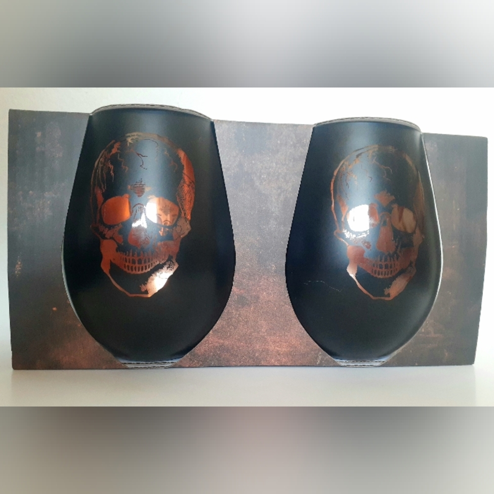 Copper Skull design Stemless Wine Glasses, New in Box, never used